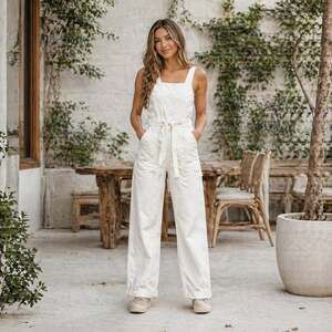 American Eagle White Wide Leg Jumpsuit Tie Waist Cotton Size M Pockets